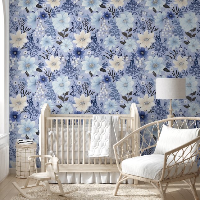 Light Blue Floral Pattern Behang (Kinderen)