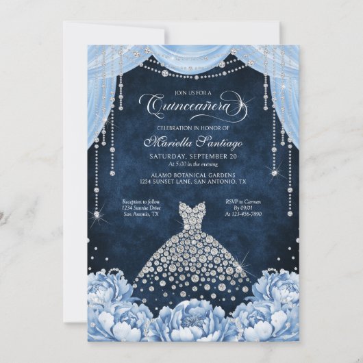 Light Blue Floral Princess Quinceanera Invitation Kaart (Voorkant)