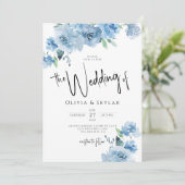 Light Blue Floral QR Code RSVP in één bruiloft Kaart (Staand voorkant)