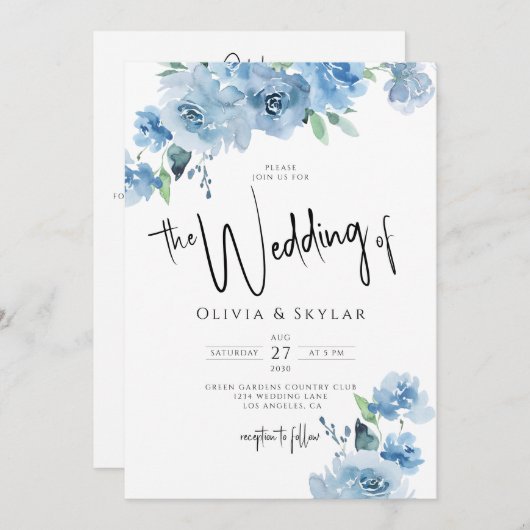 Light Blue Floral QR Code RSVP in één bruiloft Kaart (Voorkant / Achterkant)