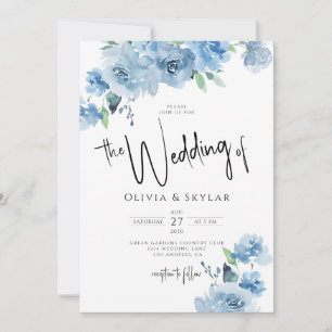 Light Blue Floral QR Code RSVP in één bruiloft Kaart
