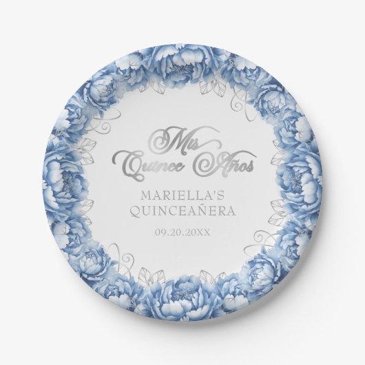 Light Blue Floral Quinceanera Papieren Bordje (Voorkant)