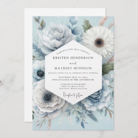 Light Blue Floral Whimsical Wedding Kaart (Voorkant / Achterkant)