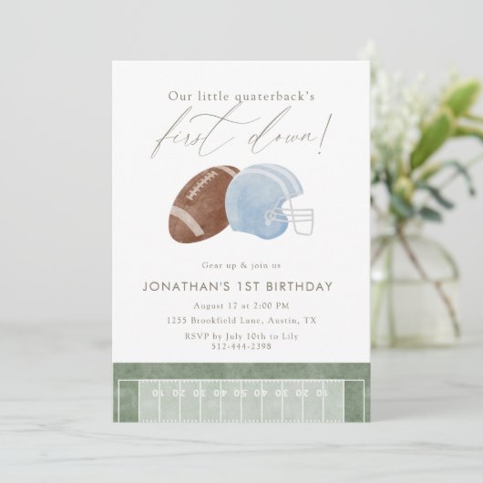 Light Blue Football Helmet First Birthday Kaart (Staand voorkant)