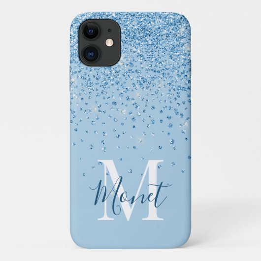 Light Blue Girly Glitter Glam Monogram Script Name Case-Mate iPhone Case (Achterkant)