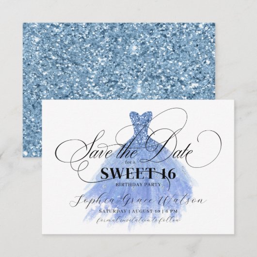 Light Blue Glitter Chic Dress Sweet 16 Birthday Save The Date (Voorkant / Achterkant)