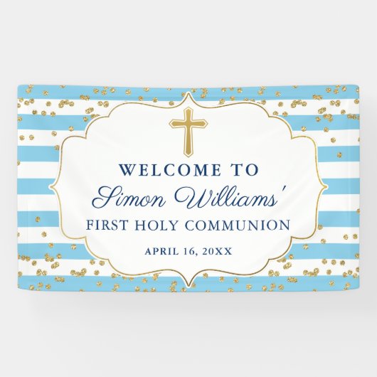 Light Blue Glitter First Heilige Communie Spandoek (Horizontaal)