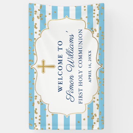 Light Blue Glitter First Heilige Communie Spandoek (Verticaal)