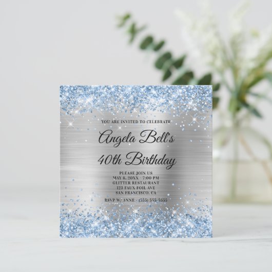 Light Blue Glitter Silver Shimmer Folie Monogram Kaart (Staand voorkant)