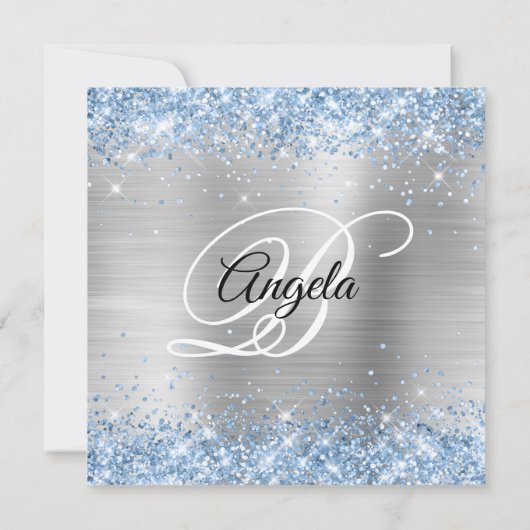 Light Blue Glitter Silver Shimmer Folie Monogram Kaart (Achterkant)