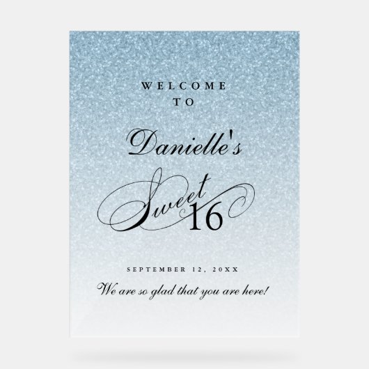 Light Blue Glitter Sweet 16 Personalized Welcome Acryl Bord (Voorkant)