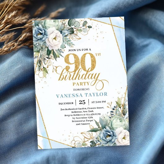 Light blue gold accents floral chic 90th birthday  kaart