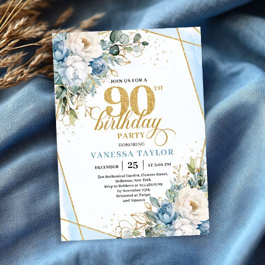 Light blue gold brushed glitter 90th birthday  kaart