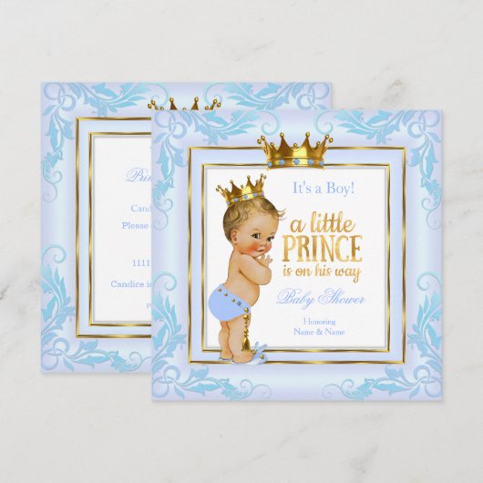 Light Blue Gold Crown Prince Baby shower Blonde Kaart (Voorkant / Achterkant)
