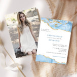 Light Blue & Gold Glitter Agate Photo Bat Mitzvah Kaart<br><div class="desc">Dit moderne ontwerp is voorzien van een prachtige, geagatte rand, samen met uw aangepaste tekst en foto. Gebruik de vorm van de sjabloon om jouw tekst en afbeeldingen toe te voegen. De geavanceerde het uitgeven menu's, die door "te kiezen verder"worden betreden, zullen u toestaan om de doopvonten, de kleuren en...</div>