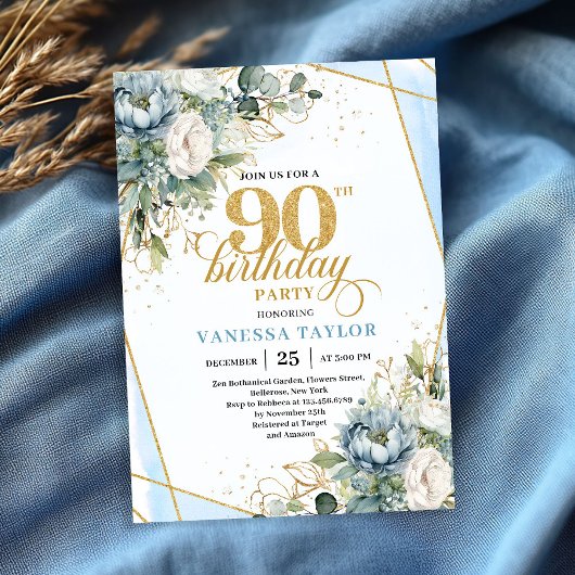 Light blue gold luxe border greenery 90th birthday kaart