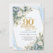 Light blue gold luxe border greenery 90th birthday kaart (Voorkant)