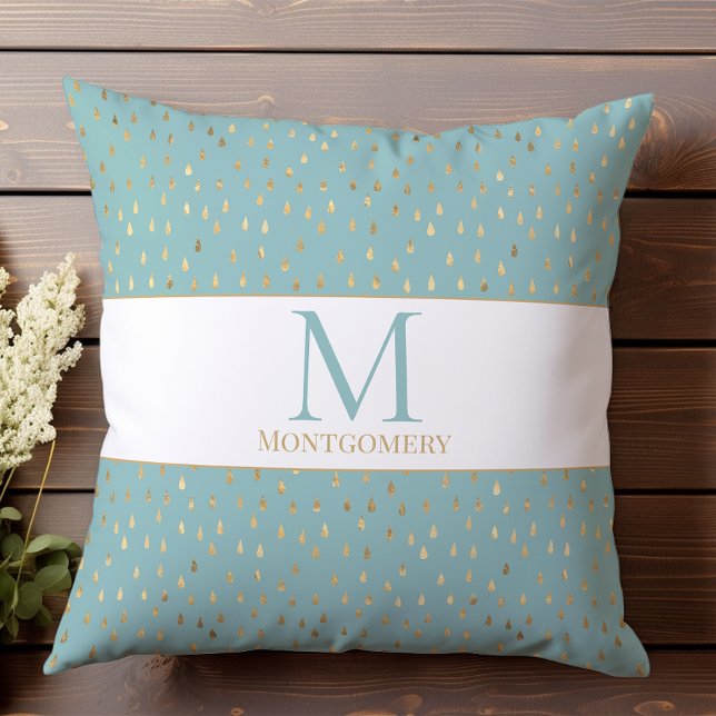 Light Blue Gold Raindrop Modern Trendy Monogram Kussen (Creator heeft geüpload)