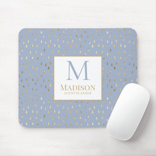 Light Blue Gold Raindrop Modern Trendy Monogram Muismat (Met muis)