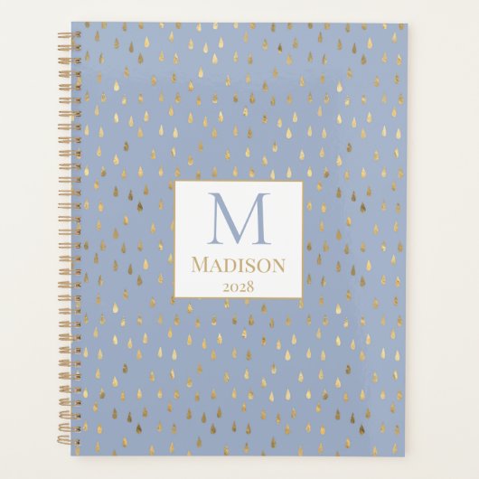 Light Blue Gold Raindrop Modern Trendy Monogram Planner (Voorkant)