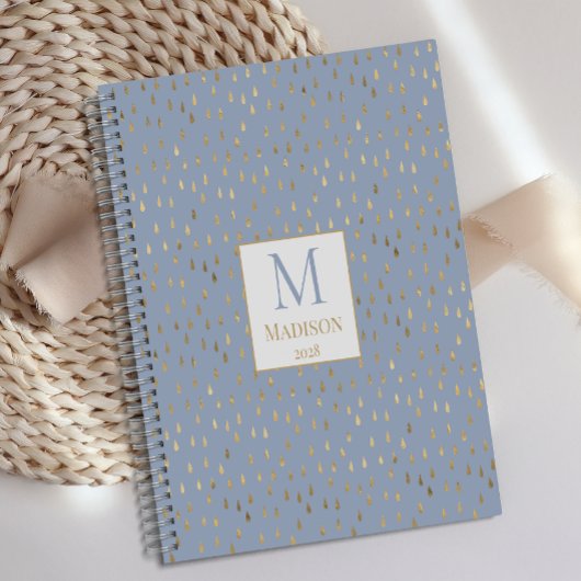 Light Blue Gold Raindrop Modern Trendy Monogram Planner