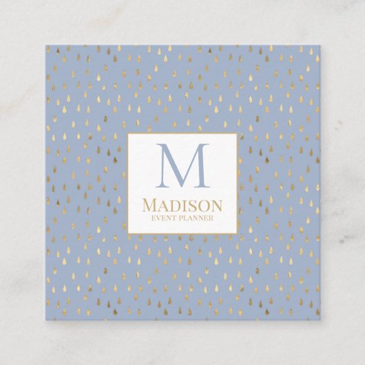 Light Blue Gold Raindrop Modern Trendy Monogram Vierkante Visitekaartje (Voorkant)