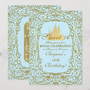 Light Blue & Gold Royal Castle Princess Sweet 16 Kaart