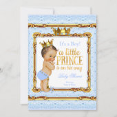 Light Blue Gold White Prince Baby shower Brunette Kaart (Voorkant)
