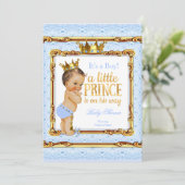 Light Blue Gold White Prince Baby shower Brunette Kaart (Staand voorkant)