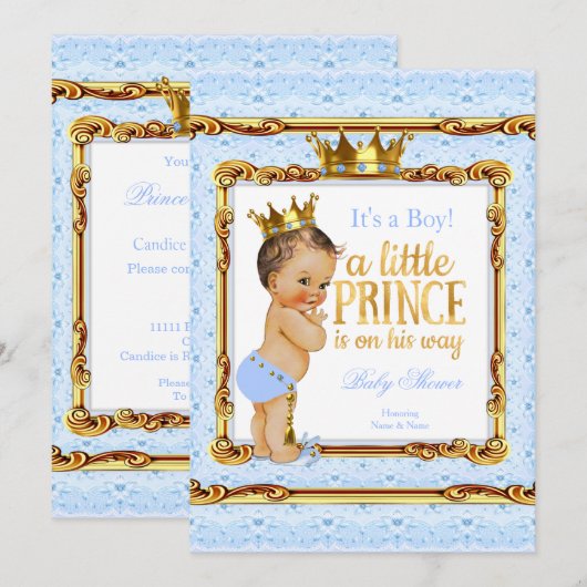 Light Blue Gold White Prince Baby shower Brunette Kaart (Voorkant / Achterkant)