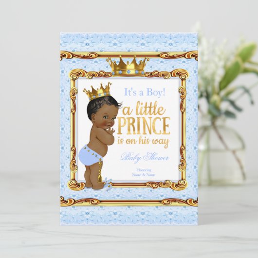 Light Blue Gold White Prince Baby shower Etnische Kaart (Staand voorkant)