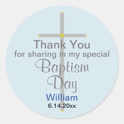 Light Blue Grey Baptism Son Bedankt Ronde Sticker (Voorkant)