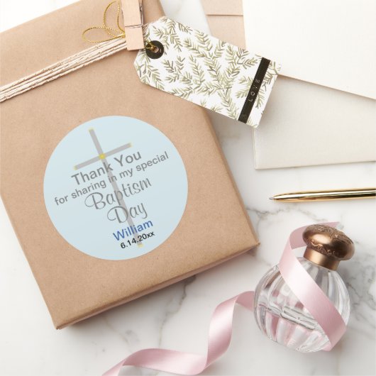 Light Blue Grey Baptism Son Bedankt Ronde Sticker (Geschenken)