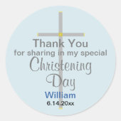 Light Blue Grey Christening Son Dank je Ronde Sticker (Voorkant)