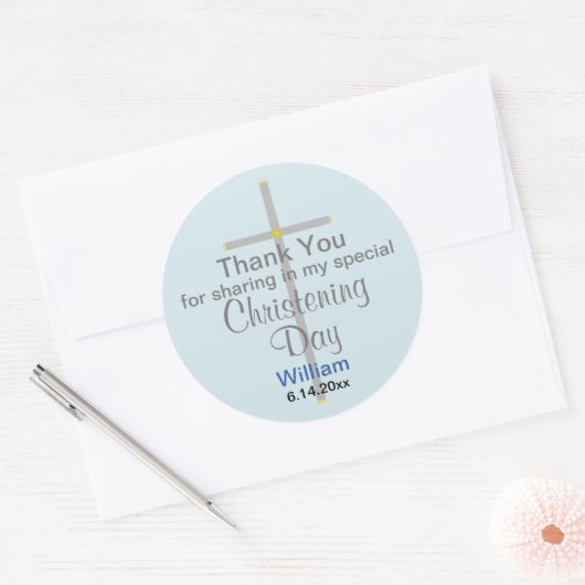 Light Blue Grey Christening Son Dank je Ronde Sticker (Envelop)