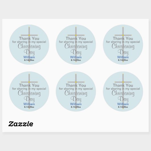 Light Blue Grey Christening Son Dank je Ronde Sticker (Vel)