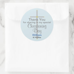 Light Blue Grey Christening Son Dank je Ronde Sticker