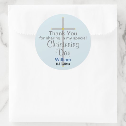 Light Blue Grey Christening Son Dank je Ronde Sticker (Tas)