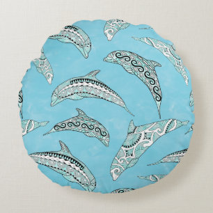 Light Blue Hawaiian Tribal Dolphins Rond Kussen