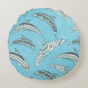 Light Blue Hawaiian Tribal Dolphins Rond Kussen