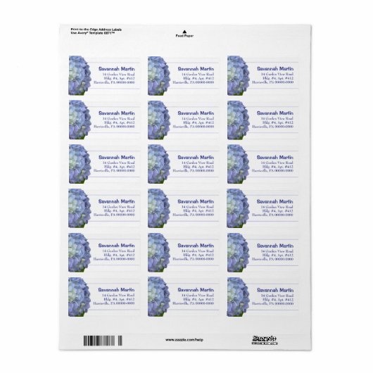 Light Blue Hydrangea Address Label Sjabloon (Full Sheet)