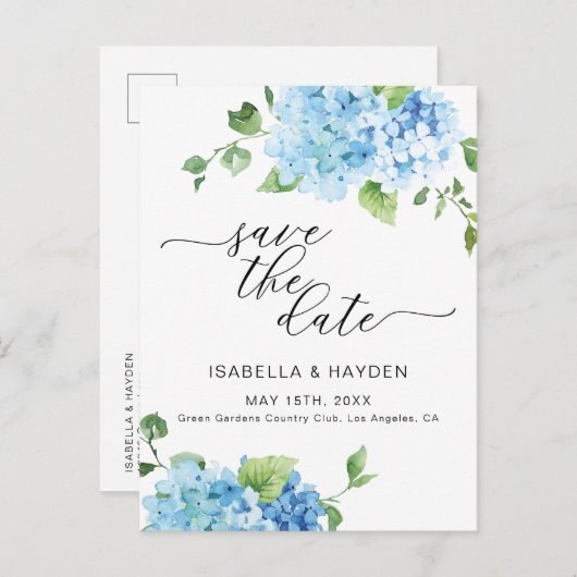Light Blue Hydrangea Dusty Floral Save the Date Aankondigingskaart (Voorkant / Achterkant)