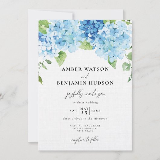 Light Blue Hydrangea Dusty Navy Floral Wedding Kaart (Voorkant)