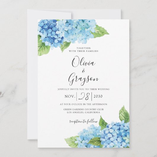 Light Blue Hydrangea Floral QR all in one Wedding Kaart (Voorkant)