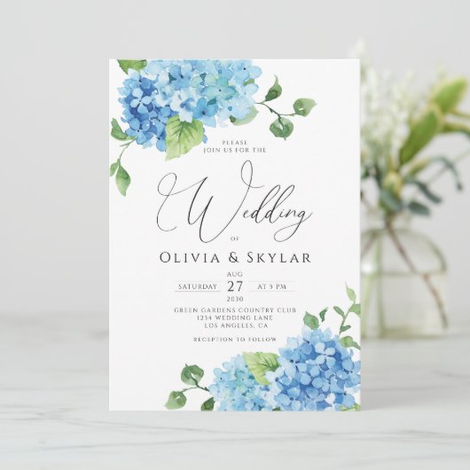Light Blue Hydrangea QR Code All in One Wedding Kaart (Staand voorkant)