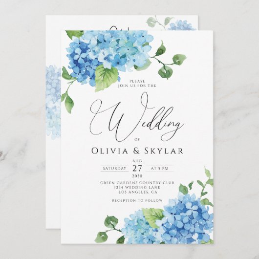 Light Blue Hydrangea QR Code All in One Wedding Kaart (Voorkant / Achterkant)