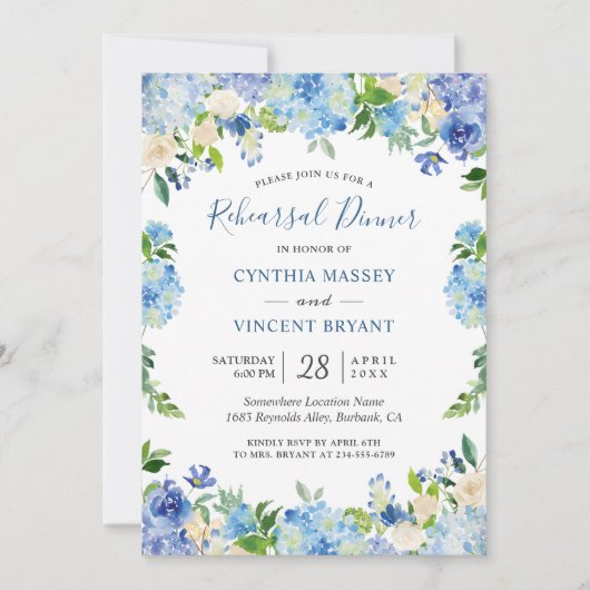 Light Blue Hydrangeas Floral Chic Rehearings Dinne Kaart (Voorkant)