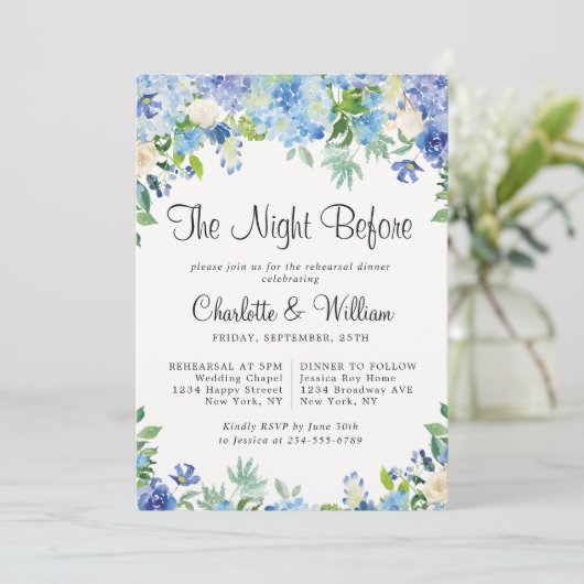 Light Blue Hydrangeas Floral Chic Rehearings Dinne Kaart (Staand voorkant)