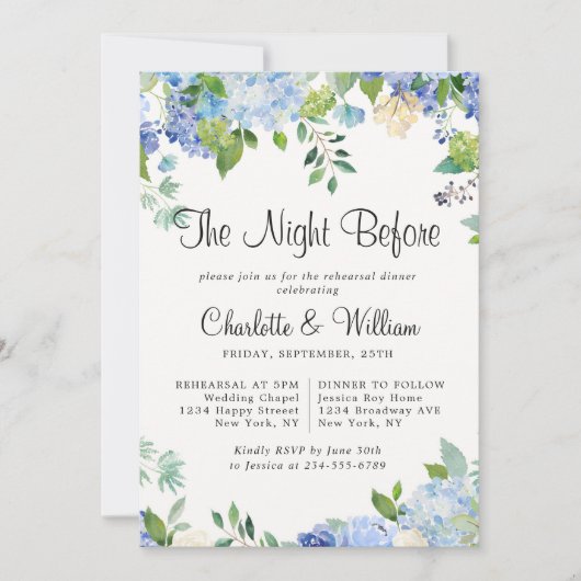 Light Blue Hydrangeas Floral Chic Rehearings Dinne Kaart (Voorkant)