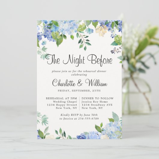 Light Blue Hydrangeas Floral Chic Rehearings Dinne Kaart (Staand voorkant)